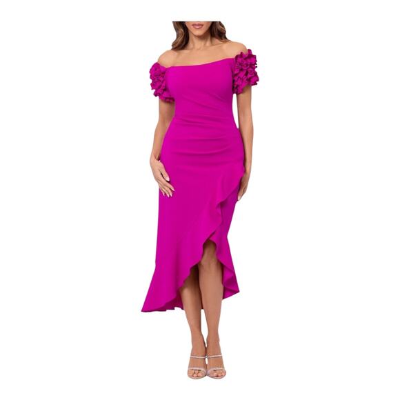 Xscape 3D Ruffle off the shoulder ruffle front ruched detail midi dress size 4 - Picture 1 of 8